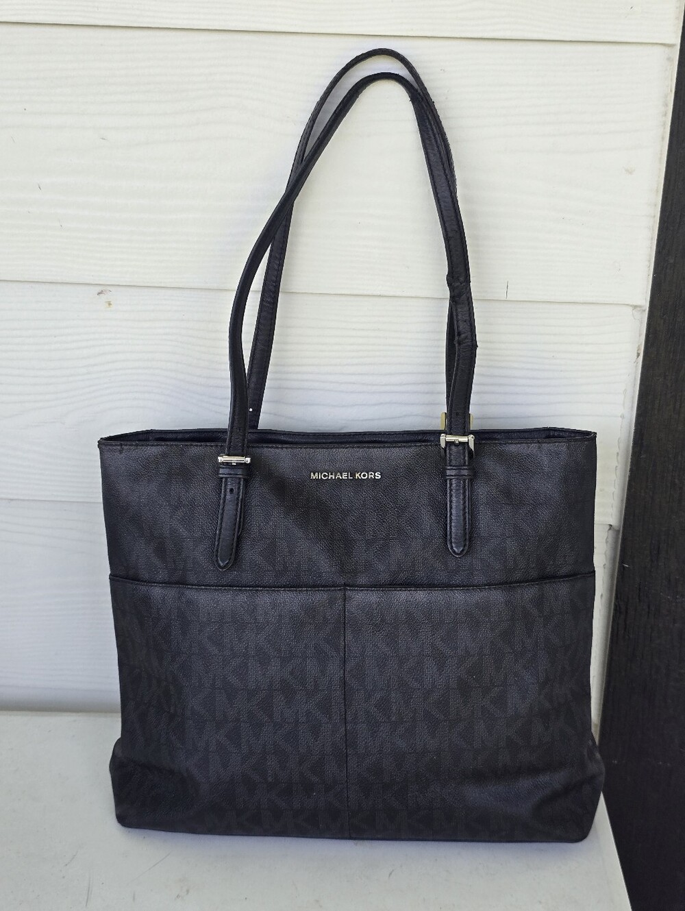 Michael Kors Black MK Signature Logo Large Tote Shoulder Bag Gold Hardware 11x15